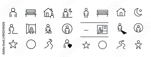 Minimalist icon set featuring people, nature, and geometric shap