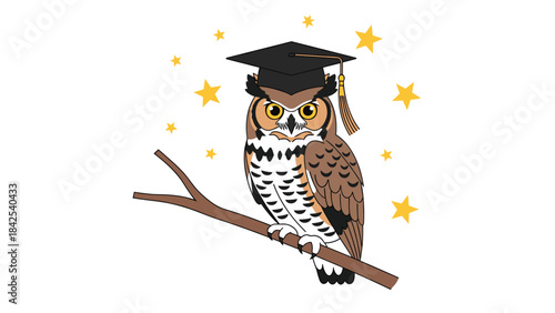 A wise owl wearing a graduation cap perched on a branch with stars