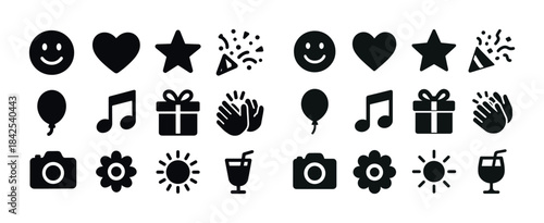Set of black icon designs: smiley, heart, star, and more