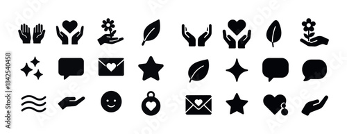 Set of black icon symbols: hands, hearts, stars, leaves, envelop