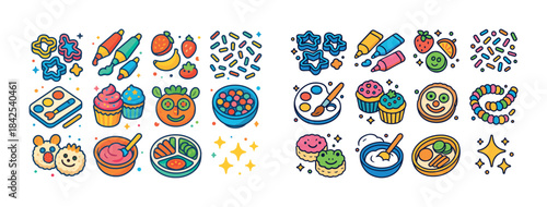 Colorful cartoon food and art icons featuring cupcakes, fruits,