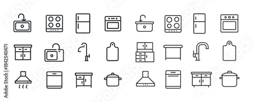 Minimalist black kitchen icon set: stove, sink, oven, fridge, fa