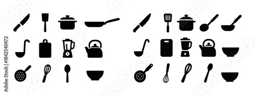 Silhouette icons of kitchen utensils and cookware collection