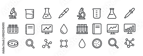 Set of science laboratory icons including microscope, beaker, te