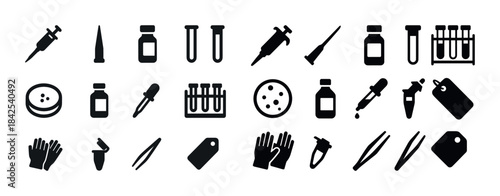 Medical equipment icons: syringe, vial, test tube, pipette, glov