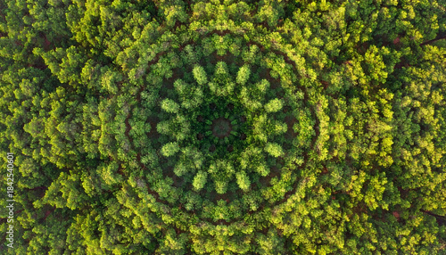 An aerial view of a forest with trees arranged in a circular, kaleidoscopic pattern