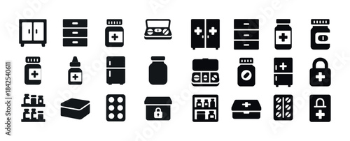 Medical supplies icons set: cabinets, bottles, and medical kits