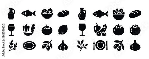 Set of black food icons: fish, vegetables, bread, wine, plates,