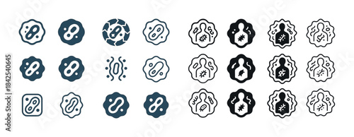 Set of bacteria icons in various styles and colors