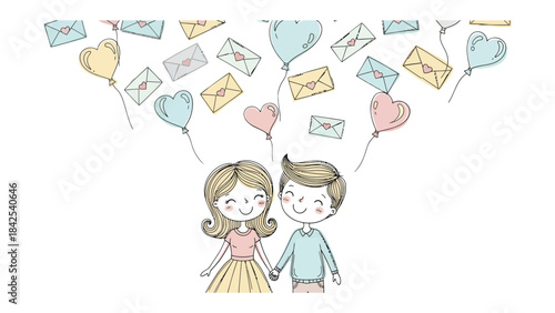 Love Letters' Ascension: A tender couple holds hands beneath a cascade of love letters and whimsical balloons, symbolizing dreams, hopes, and cherished sentiments floating heavenward. 