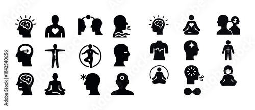 Silhouette icons representing yoga, meditation, and mindfulness
