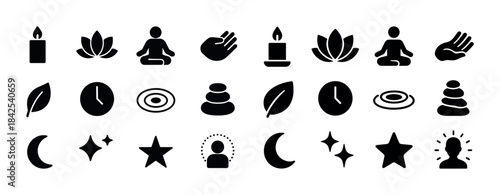 Collection of wellness and relaxation icons featuring meditation