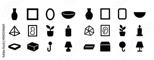 Decorative icons set: vase, frame, plant, candle, lamp, bowl, ge