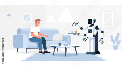 Modern lifestyle with automated home assistance and robotic butler delivering beverages