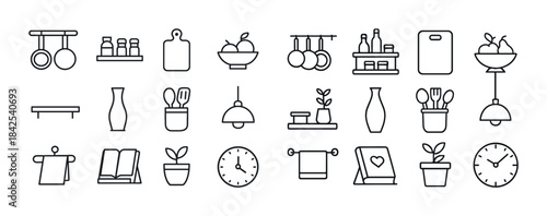 Minimalist kitchen icons set: cooking utensils, plants, clocks,