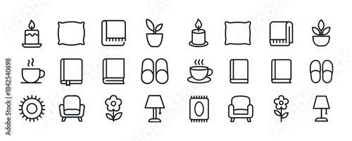 Minimalist home icons: candle, pillow, plant, coffee, book, armc