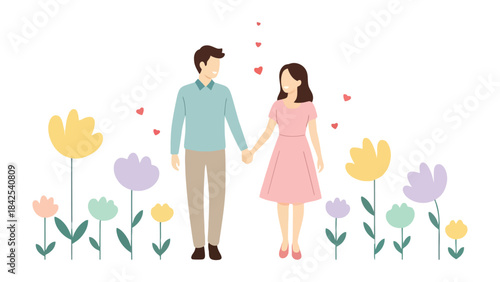 A Tender Moment in Bloom: A couple strolls hand in hand amidst a vibrant array of flowers, cherishing a sweet moment filled with love and affection. Small hearts float delicately above them.