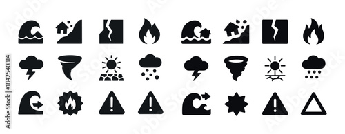 Disaster icons set: earthquake, tsunami, fire, storm, flood, haz
