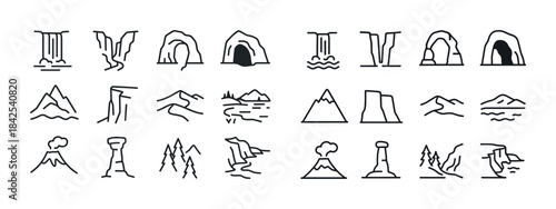 Collection of simple landscape icons: mountains, waterfalls, cav