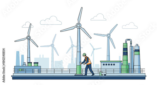 Renewable energy facility with worker, wind turbines, and industrial buildings against sky