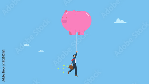 Wealthy rich businessman floating high in the sky with piggy bank balloon. Financial freedom or financial independence.