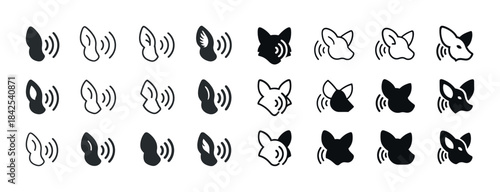Black and white dog icon set featuring ears and sound waves