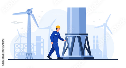 Renewable energy technician inspecting wind turbine foundation at power plant vector illustration