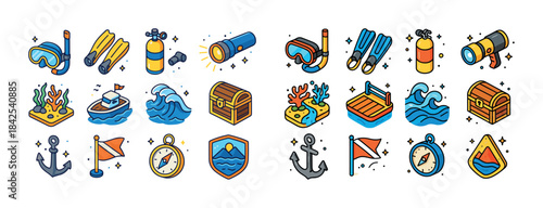 Collection of vibrant diving and nautical themed icons in a cart