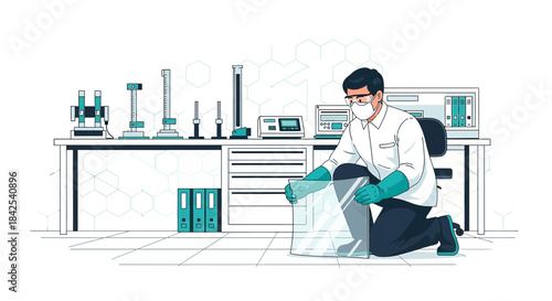 Researcher in a laboratory, meticulously handling transparent material with gloved hands showing