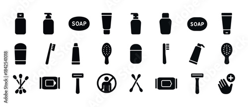 Silhouette icons of personal care products and hygiene items
