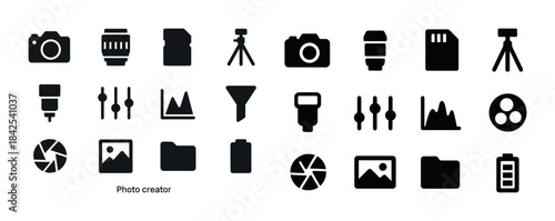 Photography equipment icons: camera, lens, tripod, flash, memory