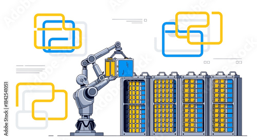 Robotic arm placing containers into server racks symbolizing automation in data centers and