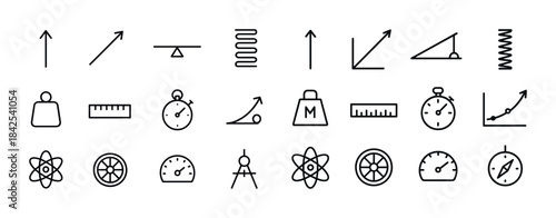 Physics science icons: arrows, weights, stopwatch, compass, atom