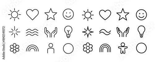 Minimalistic icon set: sun, heart, star, smiley, flower, rainbow