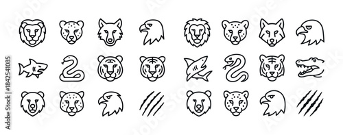 Animal icon set: lions, leopards, eagles, sharks, snakes, tigers