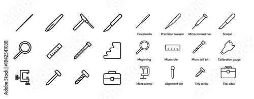 Precision tools collection: needles, tweezers, screwdrivers, sca
