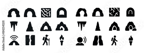Collection of cave and hiking icons in black silhouette style