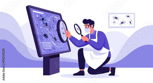 Scientist analyzing bacteria with magnifying glass, studying microbial life under magnification