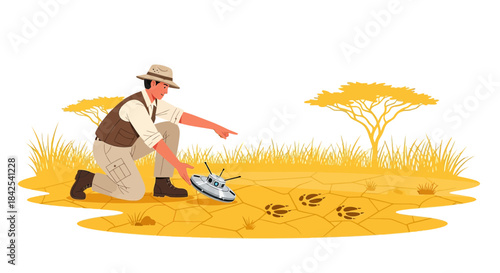 Safari researcher monitoring animal tracks with robotic probe in arid landscape for conservation