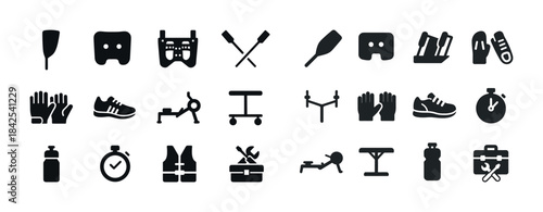 Fitness icon set: exercise equipment, sports gear, clothing, sto