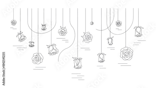 Delicate Floral Display: An elegant illustration showcases a collection of suspended roses, each meticulously detailed with fine lines, creating a minimalist yet captivating design.