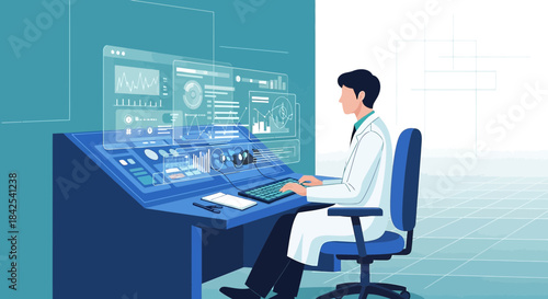 Scientist analyzing data on a complex interface for scientific advancement research and