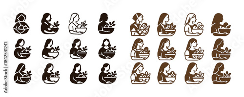 Diverse female silhouettes holding basket of vegetables in vario
