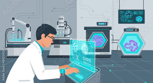 Scientist analyzing medical data using advanced technology for new discoveries in the laboratory
