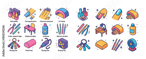 Colorful nail art tools and supplies with geometric design eleme
