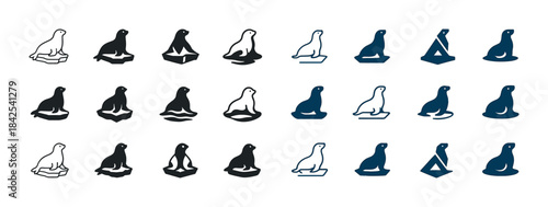 Set of stylized seal silhouettes in various poses