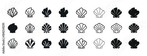 Variety of abstract seashell icons in black and white rows