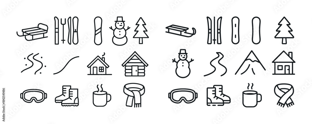 Naklejka premium Winter icons set: snowman, skis, snowboard, cabin, hot drink, sc