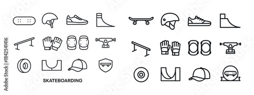Skateboarding equipment icons set: helmet, skateboard, ramps, sh