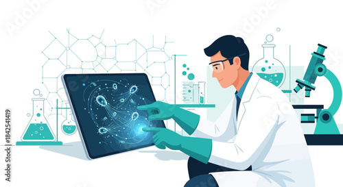 Scientist interacting with a digital interface for cellular research and analysis